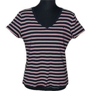 Tommy Hilfiger Women’s Striped V Neck Tee Cotton Navy Red White | Size Large